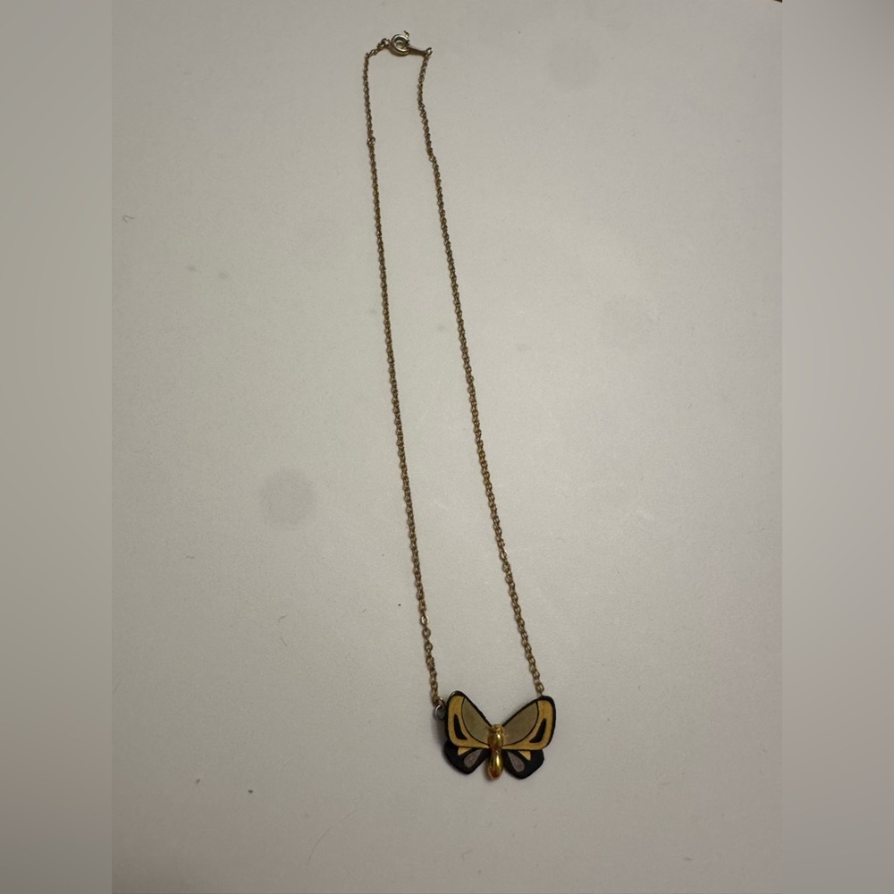 🦋 Vintage Amita Japanese Lacquer Butterfly Pendant Necklace Gold Tone